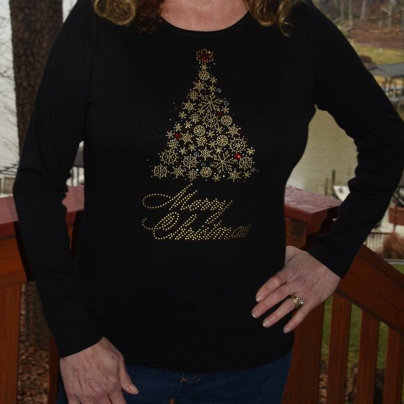 Christmas Tree Gold rhinestone long sleeved shirt XS S M L XL XXL 1X 2X 3X 4X 5X - Picture 8 of 9